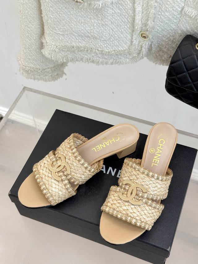 厂价 Chane* ｜小香25P春夏新品 双C编织猫跟拖鞋 鞋面采用原版定制材质 内里垫脚均为丝绸羊皮 意大利进口牛皮大底 Size：35-39 40 41定制