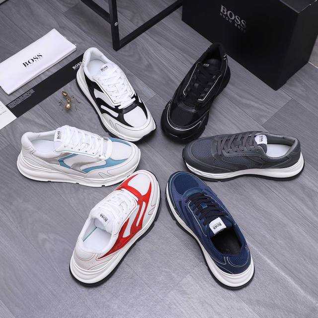 商品商标：Boss 运动休闲男鞋 正码码数: 38-46 38.45.46定做不退换 商品材料：精选飞织透气拼接牛皮鞋面 网内里 牛皮鞋垫 橡胶大底