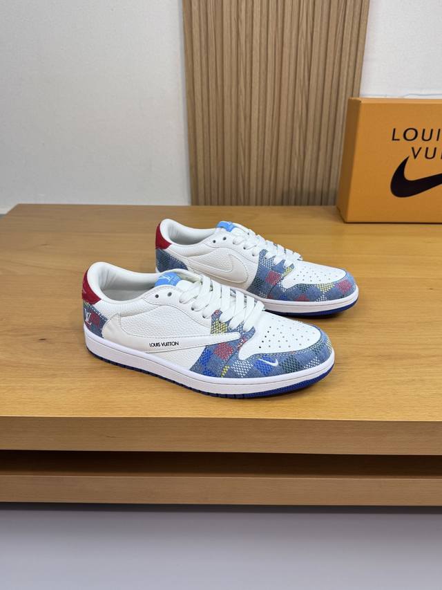 Louis Vuitton-Air 路易威登 联名款 -高端品质 原单 休闲运动板鞋 -鞋面：荔纹小牛皮、品牌图腾布匹.鞋头打孔工艺、鞋舌.品牌布标、后跟.刺绣
