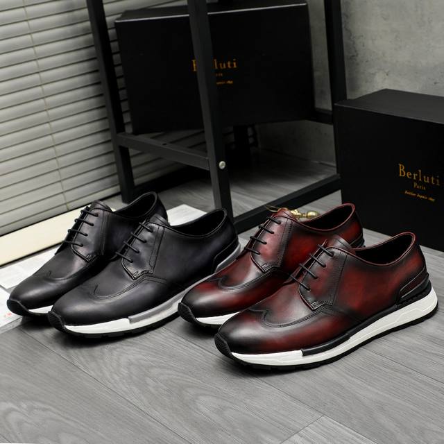 商品商标：Berluti 伯鲁提 商务正装皮鞋 正码码数: 39-45 45定做不退换 商品材料：精选优质牛皮拼接鞋面 牛皮内里 原版防滑大底