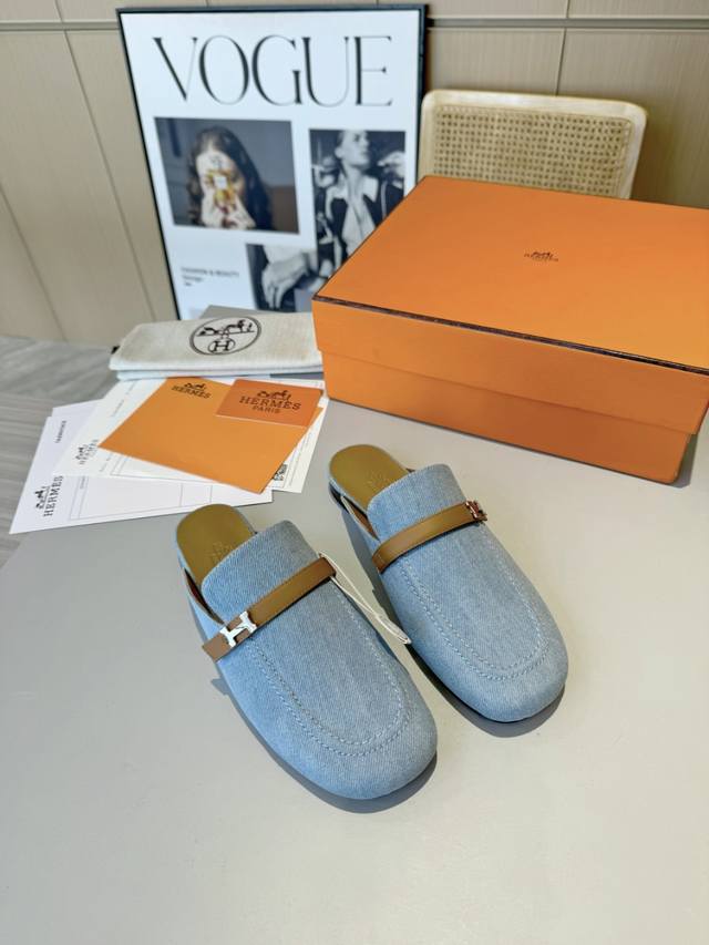 Hermes 爱马仕 24春季H家最新上市包头穆勒拖鞋凉鞋，潮爆了 上脚非常大气显瘦 精致好穿 鞋面：进口羊皮／原版布 内里：羊皮 大底：意大利真皮大底 码数：