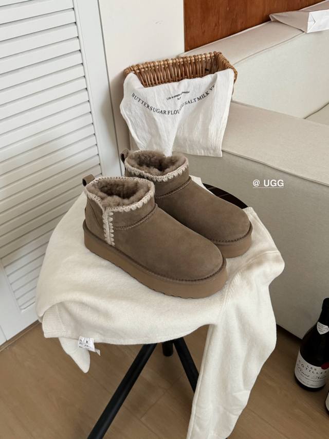 Ugg 迷你厚底 ｜毛线编织 A级羊皮毛一体 +手工编织毛线 柔软轻翼高弹大底 Size： 35-40