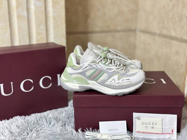 高版本 Gucci古驰老爹鞋 2.0 网布皮革运动鞋， 尺码：36-40 现货 融合经典互扣式双G标识与现代设计语言，圆头造型搭配抽绳系统，穿脱便捷，兼顾时尚与