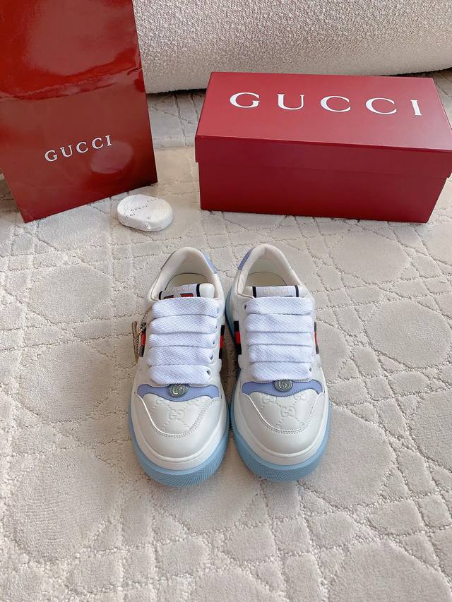 出厂价p 男女同款 顶级版本 Gucc*新款Screener系列情侣款胖丁胖墩墩面包鞋厚底运动鞋休闲鞋 原版购入开发做货 Screener系列运动鞋以70年代经