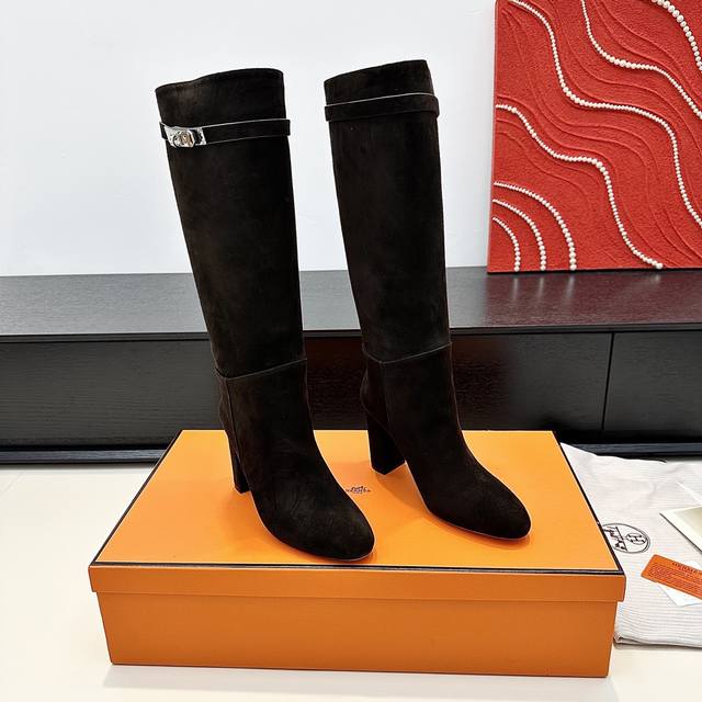 HermèS 爱马仕 H家Kelly扣高跟长靴 圆头粗跟靴子 牛皮 麂皮 真皮底 跟高:6Cm 正码:36-39订做34.40.41.42