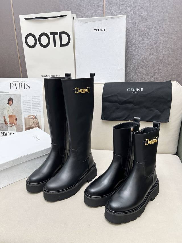 celine 赛琳 凯旋门时尚百搭舒适厚底靴！！不退色五金扣面料头层牛皮、内里羊、发炮大底、标准码数35 40 41、42订做不退放
