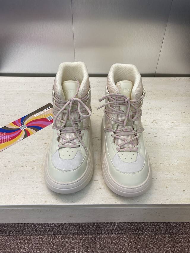 工厂p价p Moon Boot 2025秋冬新款 park Soulmate 灵魂伴侣系列 厚底圆头高帮拼色系带休闲运动舒适滑板女鞋 材质:鞋面进口小牛皮拼接环