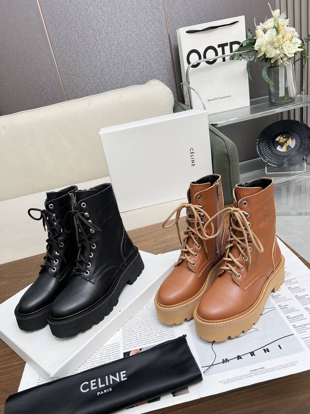 冲量价: Celine 赛琳 凯旋门马丁系带厚底平底粗跟粗靴！！面料头层牛皮、内里羊、标准码数35 40 41、42订做不退放