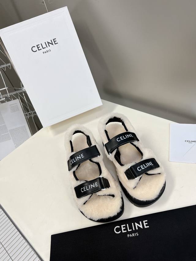Celine思琳经典款秋冬毛毛拖、超多网红明星种草鞋面全真皮拼接真毛里、上脚非常舒适好看、正品全套包装、原版开模大底、码数：35-40
