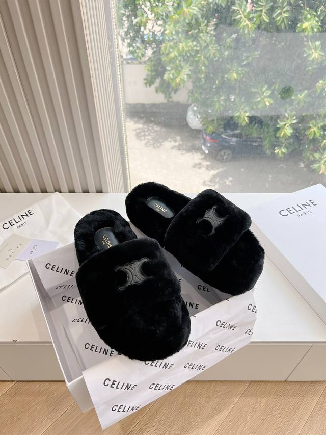 G021顶级品质celine 塞琳 秋冬新包头拖鞋毛毛鞋 赛琳又让我重新爱了它一次！这季节美鞋太多这款毛拖真的是让我无法自拔真太可爱了～ 面料：欧洲进口羊毛 不