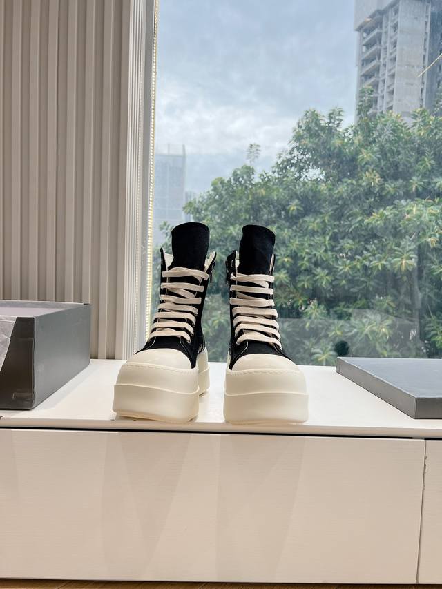 G0135代购级别rick Owens 瑞克 欧文斯24秋冬情侣系列edfu全粒面小牛皮复古运动鞋高帮休闲鞋细带 面料：原版帆布 内里：羊皮 尺码：35~43女