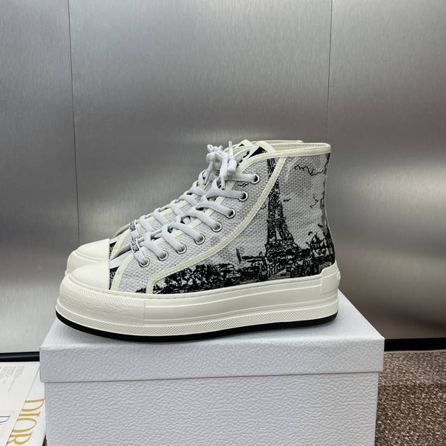 工厂价 Dior 迪奥 早春最新情侣款厚底绑带高帮休闲鞋 Walk’N Dior Oblique 暗花字母logo提花刺绣图案拼色帆布运动小白鞋 市面最高版本