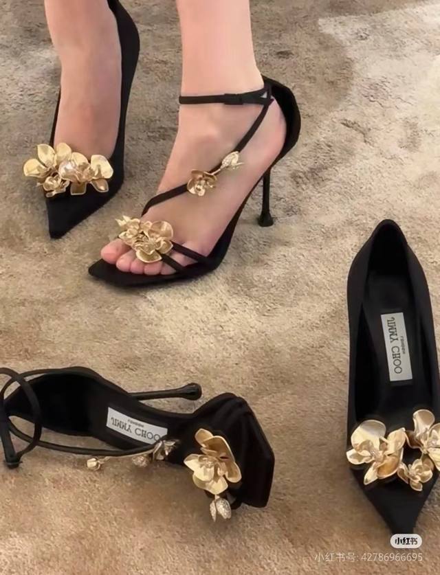 Jimmychoo周仰杰，24S早春金属花卉，步步生花黑金兰花，水钻高跟凉鞋，婚鞋。 Jimmychoo春夏，收藏级别zea95由密镶水晶金属重工打造，新款水滴