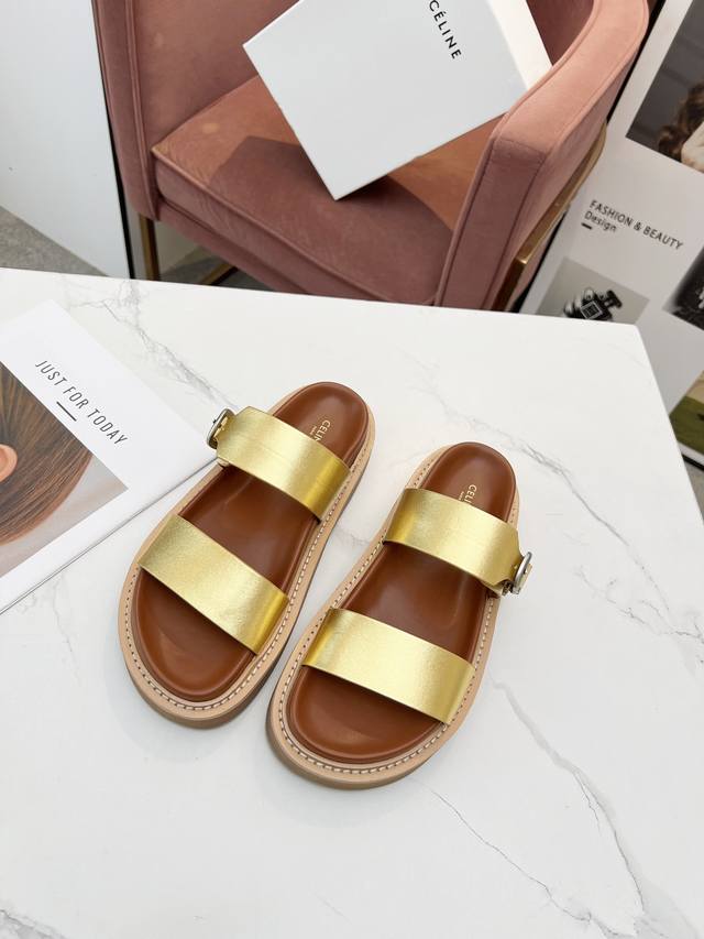 CELINE 赛琳 2024春夏新品凉鞋五金扣饰原版1:1定制鞋面采用全油边工艺，楦形流畅完美，上脚百搭舒适 颜色：黑色，白色，棕色 内里：羊皮，面料：牛皮 码