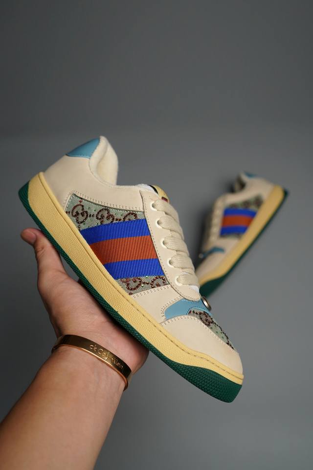 纯原版本 Gucci Distressed Screener sneaker古驰小脏鞋系列 经典原型复古百搭做旧老爹板鞋 复古学院风 怀旧版 原版原盒 全进口牛