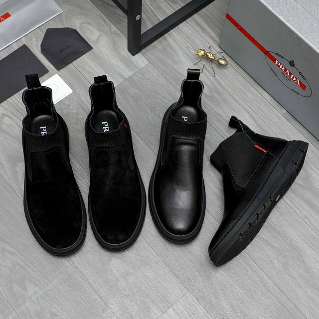 商品商标：Prada 普拉达 高帮休闲鞋 正码码数: 38-44 商品材料：精选 头层磨砂牛皮鞋面 羊皮内里 橡胶大底