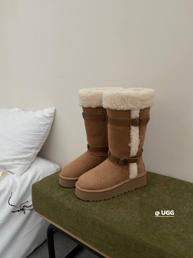 Ugg 雪地靴 高筒卷毛厚底骑士靴 秒变大长腿 上脚又飒又复古 洋气的卷毛口！牛皮带厚底设计隆丰ay级羊皮毛一体 Col：栗色 羚羊棕 Size：35-40