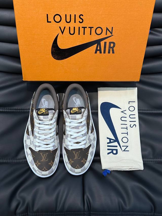 出厂价 L.V X Nike联名低帮休闲运动鞋，采用头层牛皮拼接原版料精心制作，侧身联名印花logo装饰，双色橡胶鞋底、后侧鞋口和鞋跟处均带有品牌标志性细节，时