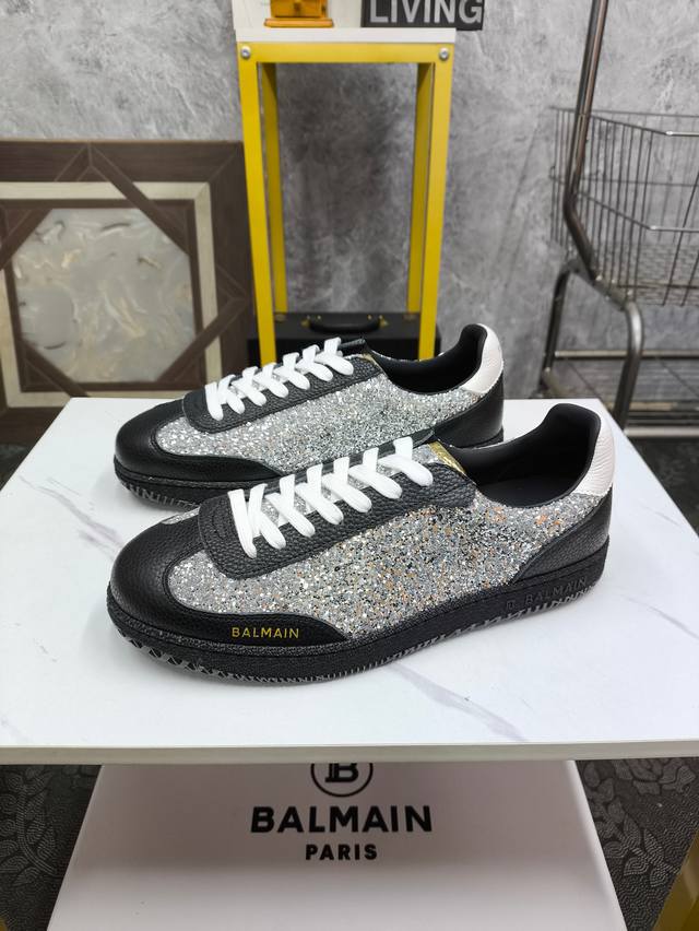 Balmain-巴尔曼 原单品质 新款休闲鞋 专柜新款同步 精致手工缝线 做工细节堪比专柜 牛皮拼接磨砂 牛皮里 ，码数:39－45 45定做不退换 Lk