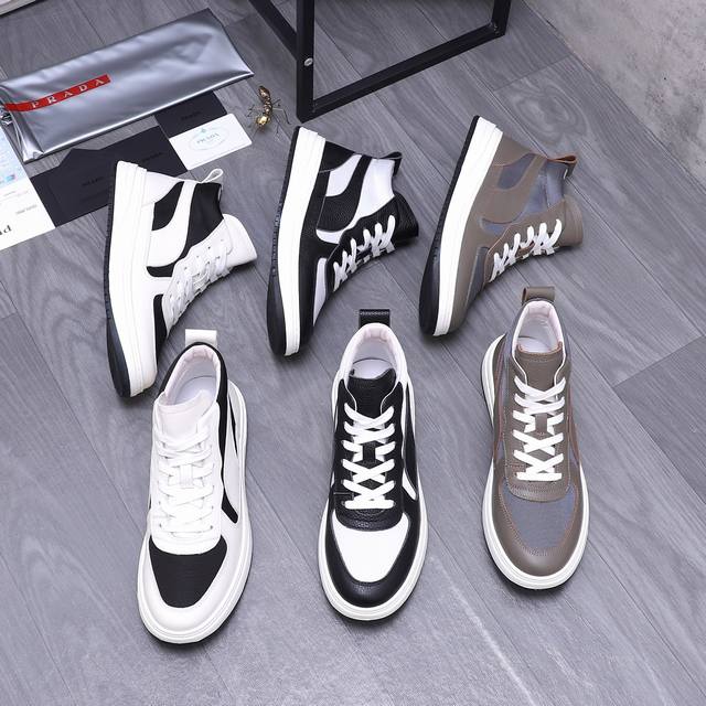 商品商标：Prada 普拉达 高帮休闲鞋正码码数: 38-45 45定做不退换商品材料：精选 牛皮拼接织布网鞋面 猪皮内里 橡胶大底