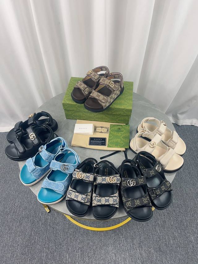 批发直销 女鞋工厂 2024古奇Gucci老花布凉鞋，Gucci专用老花帆布面料配双G金属扣，面料:双G老花 进口牛皮内里:牛里大底:橡胶大底码数:35-42