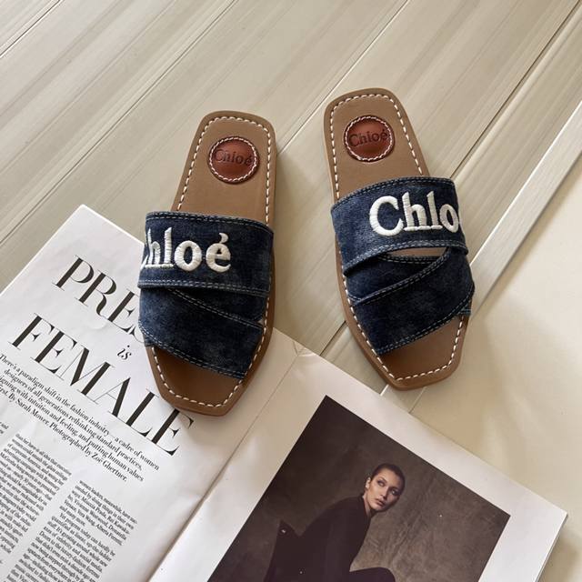 出厂价： Chloe 克洛伊顶级专柜 最高限定官网上新 全球首发 克洛伊CHloe 24初夏-牛仔布系列交叉拖 Chloe拖 chloe潮鞋时装周新款 太古里街