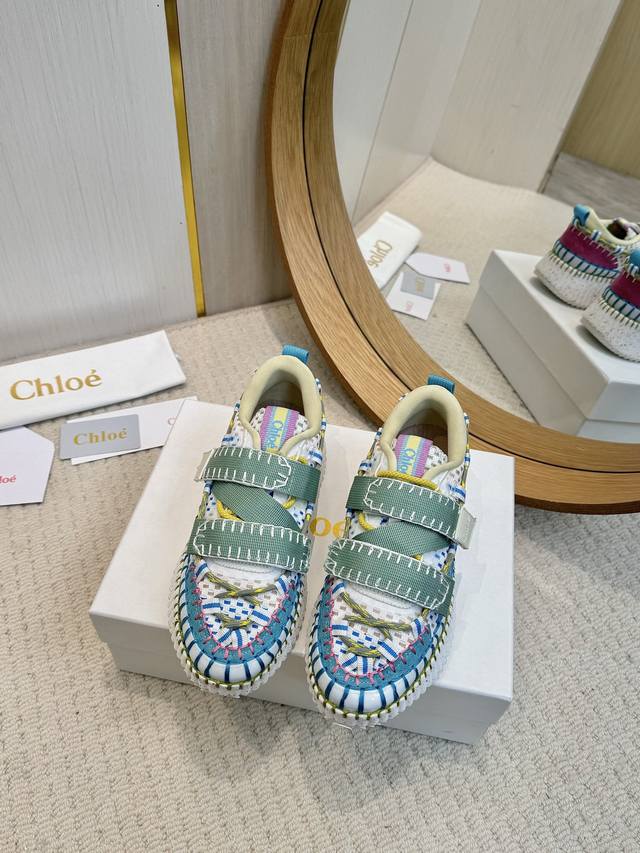 工厂批 2025春夏chloe 克洛伊Nama sneaker彩虹系列运动鞋、容祖儿和孙怡宋茜明星同款、原材料是可再生物料制作、全手工缝马克线、肉眼可见皆是手工