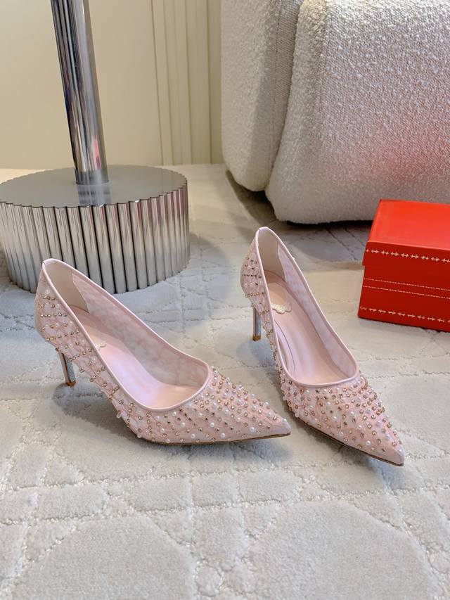 后空 单鞋 Ren* Caovill*重工珍珠水钻系列 bling bling精致逼人 堪称工艺品 面料进口高密度网纱 手工缝制水钻珍珠 垫脚羊皮 意大利真皮大