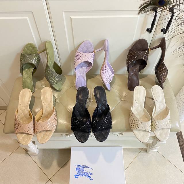出厂价 ，巴宝莉BURBERRY新款高跟拖鞋，加厚细绒烫钻面，跟高7cm，蓝马术骑士徽标压花皮底，35-40码 41，42，43码定做不退换
