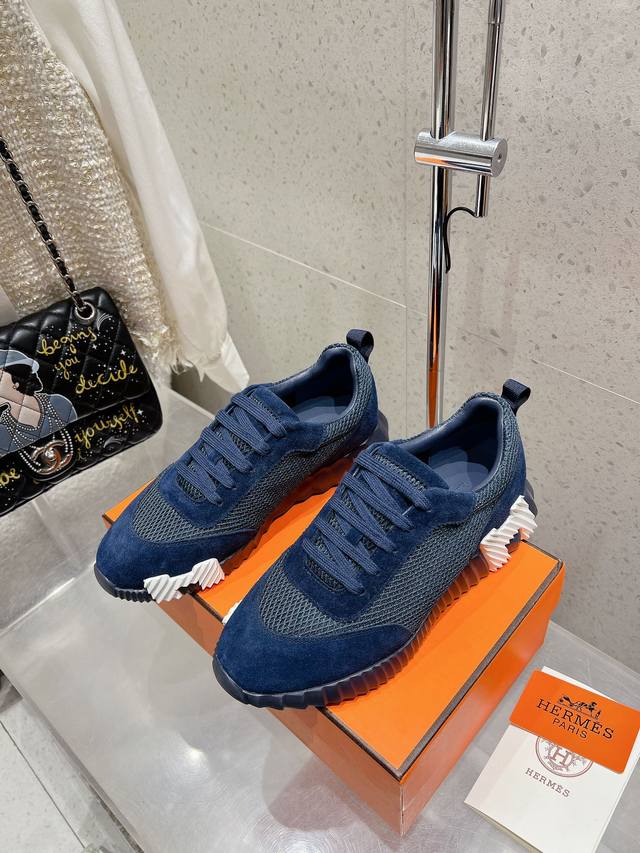 顶级版 情侣款 男码10 Hermes 爱马仕 Bouncing男女同款休闲运动鞋情侣款麂皮拼网面休闲鞋女码 35-41 40、41不退换 男码 39～45 4