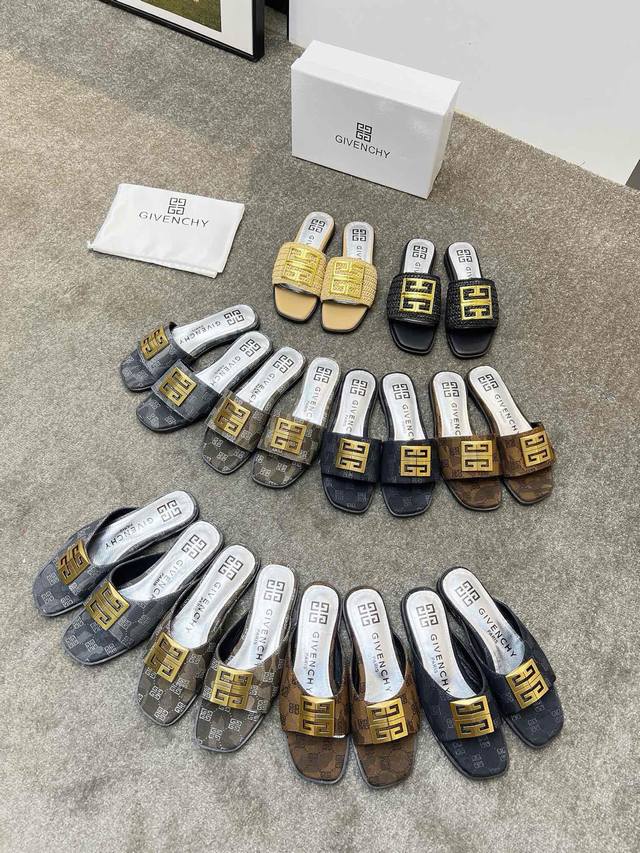 GIVENCHY 纪梵希露趾平底拖鞋出货了，带有品牌标志的金属饰扣与金属质感的银色皮垫搭配，高端大气上档次。鞋面头层牛皮，内里羊皮，35-40码。41-43码可