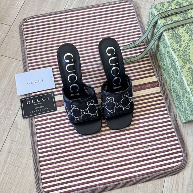 橙子出厂价 GUCCI 古驰春夏新款 水钻网纱高跟拖 高跟凉鞋 跟高：7CM码数：35-42