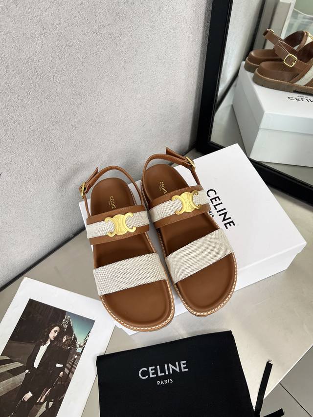 Celine 2025新款凉鞋，凯旋门金属logo皮带扣织物凉鞋生胶防滑底，防水台凉鞋35-41，出厂