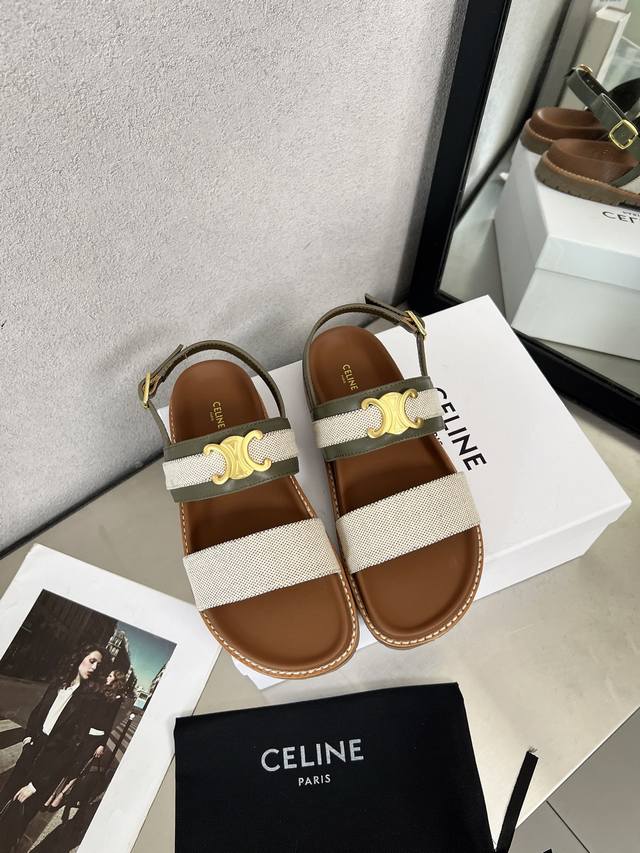 Celine 2025新款凉鞋，凯旋门金属logo皮带扣织物凉鞋生胶防滑底，防水台凉鞋35-41，出厂